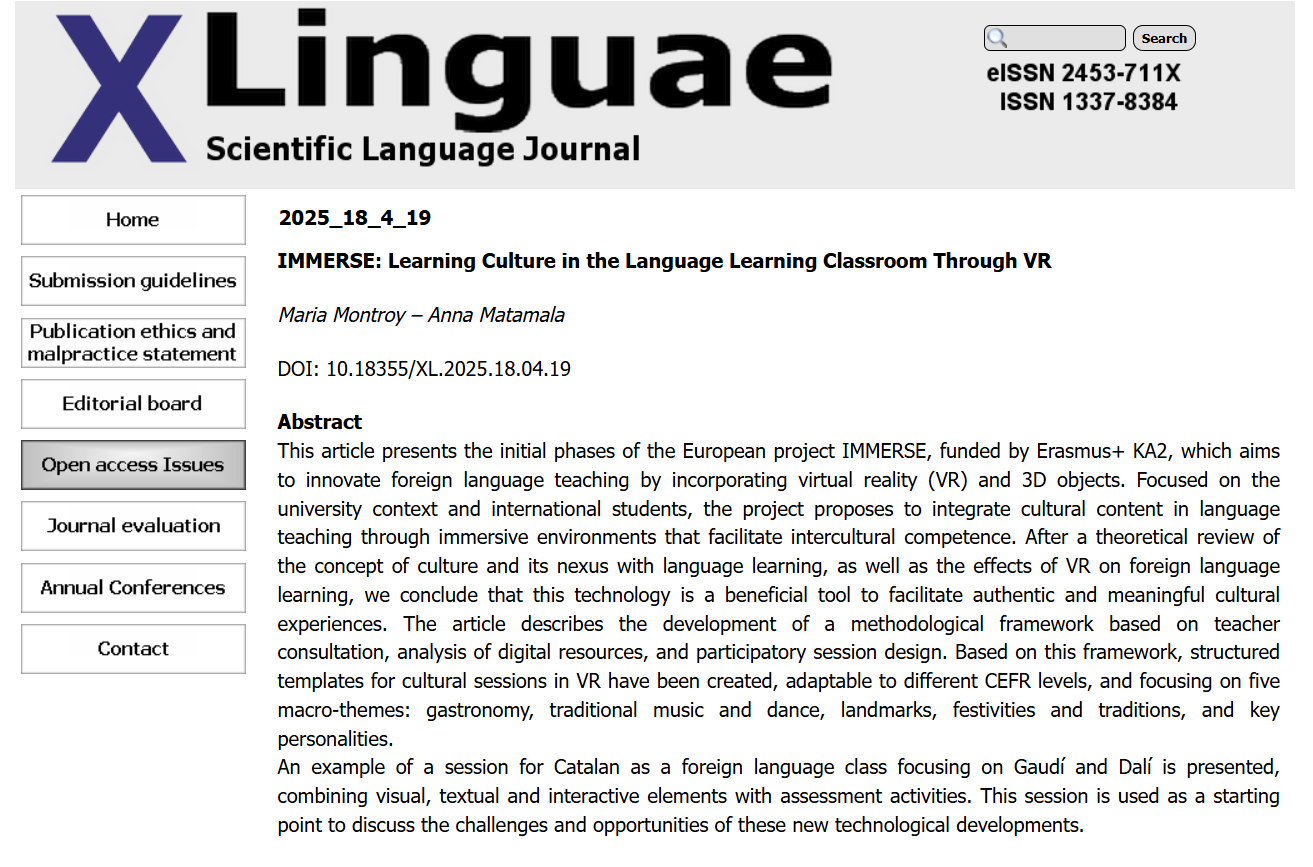 IMMERSE Publication in XLinguae